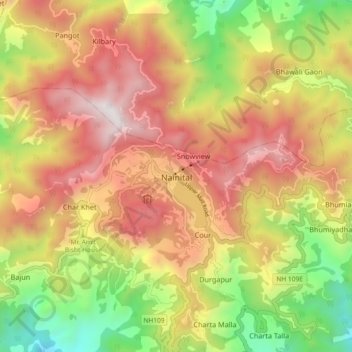 Mapa topográfico Nainital, altitude, relevo