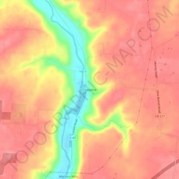 Mapa topográfico Oregonia, altitude, relevo