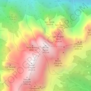 Mapa topográfico Monte Agner, altitude, relevo