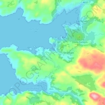 Mapa topográfico Strathan, altitude, relevo
