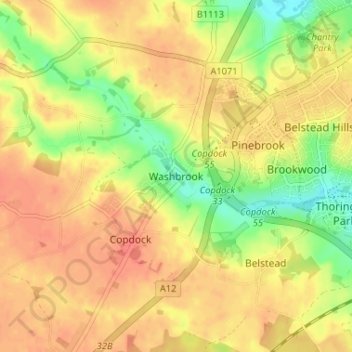 Mapa topográfico Washbrook, altitude, relevo