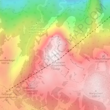 Mapa topográfico Krippenstein, altitude, relevo