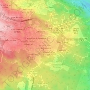 Mapa topográfico Jacarandas, altitude, relevo