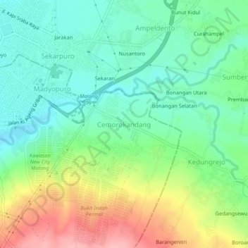 Mapa topográfico Cemorokandang, altitude, relevo