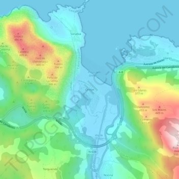 Mapa topográfico Oriñón, altitude, relevo
