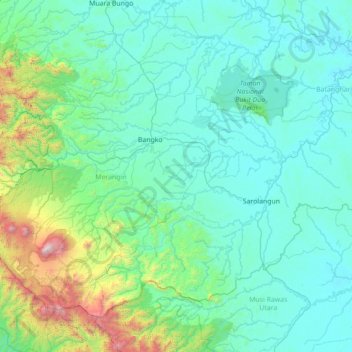 Mapa topográfico Pamenang Selatan, altitude, relevo