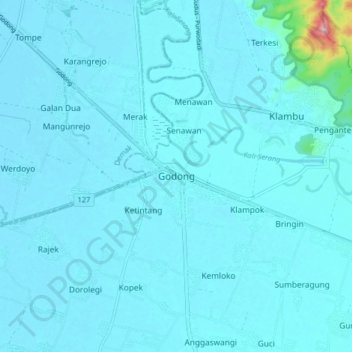 Mapa topográfico Godong, altitude, relevo