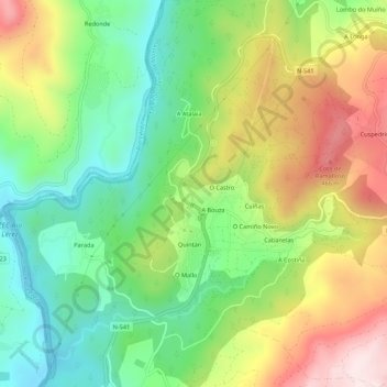 Mapa topográfico O Valiño, altitude, relevo
