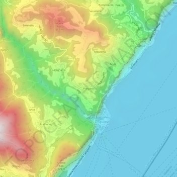 Mapa topográfico Pregasio, altitude, relevo