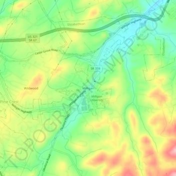 Mapa topográfico Milligan, altitude, relevo