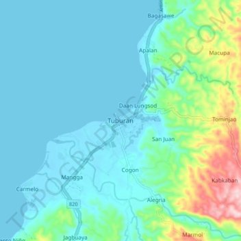 Mapa topográfico Tuburan, altitude, relevo