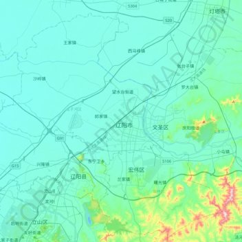 Mapa topográfico 辽阳市, altitude, relevo
