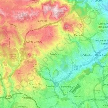 Mapa topográfico Famões, altitude, relevo