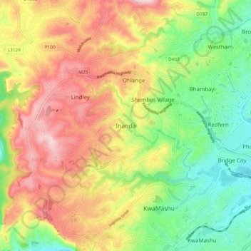 Mapa topográfico Inanda, altitude, relevo