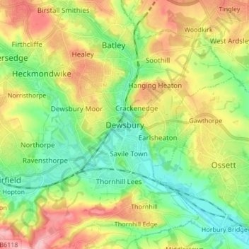 Mapa topográfico Dewsbury, altitude, relevo