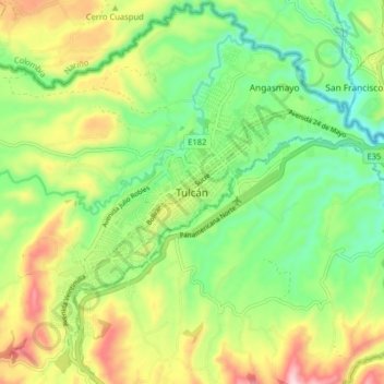 Mapa topográfico Tulcán, altitude, relevo