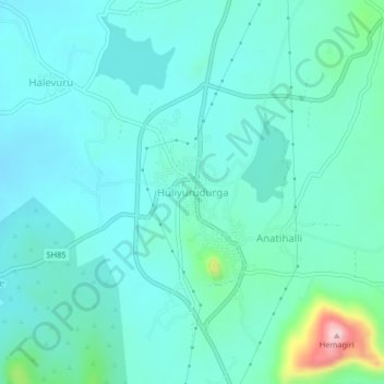 Mapa topográfico Huliyurudurga, altitude, relevo