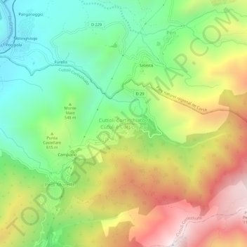 Mapa topográfico Cuttoli-Corticchiato, altitude, relevo