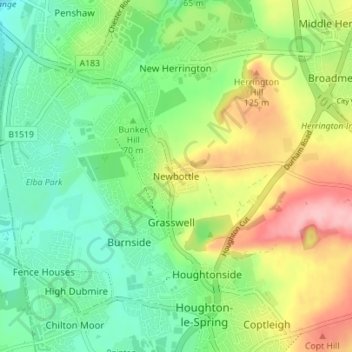 Mapa topográfico Newbottle, altitude, relevo