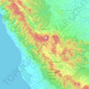Mapa topográfico Kayu Aro Barat, altitude, relevo