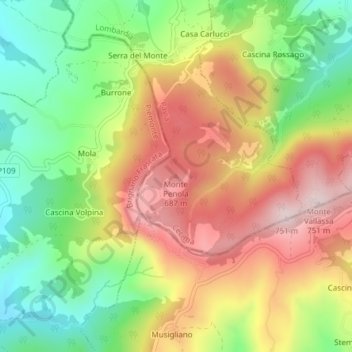 Mapa topográfico Monte Penola, altitude, relevo