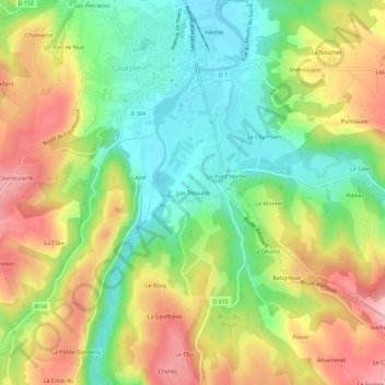 Mapa topográfico Las Thioulas, altitude, relevo