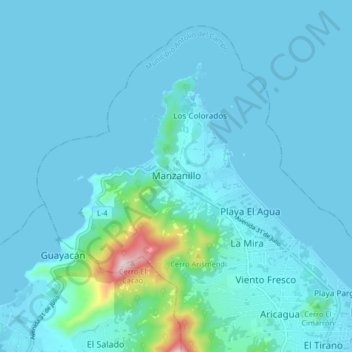 Mapa topográfico Manzanillo, altitude, relevo