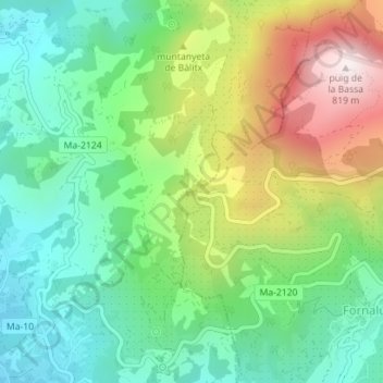 Mapa topográfico Mirador de ses Barques, altitude, relevo