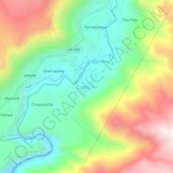 Mapa topográfico Canocota, altitude, relevo