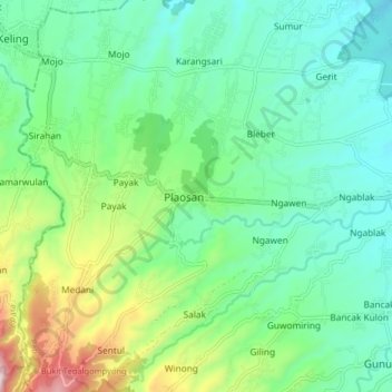 Mapa topográfico Cluwak, altitude, relevo