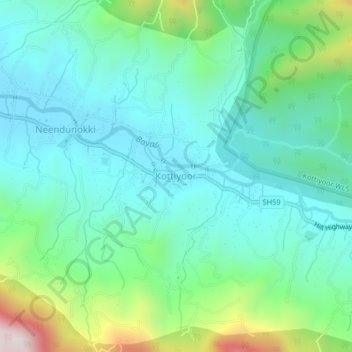 Mapa topográfico Kottiyoor, altitude, relevo