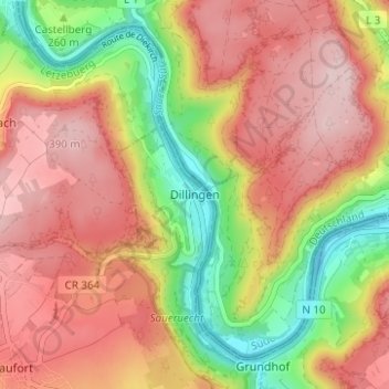 Mapa topográfico Dillingen, altitude, relevo