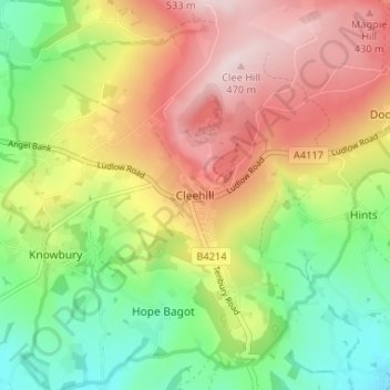 Mapa topográfico Cleehill, altitude, relevo