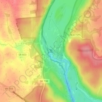 Mapa topográfico Great Falls, altitude, relevo
