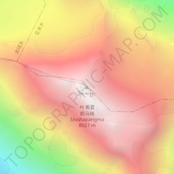 Mapa topográfico 希夏邦马峰, altitude, relevo