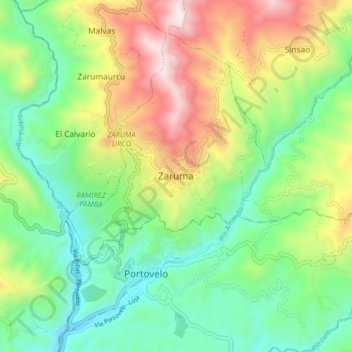 Mapa topográfico Zaruma, altitude, relevo