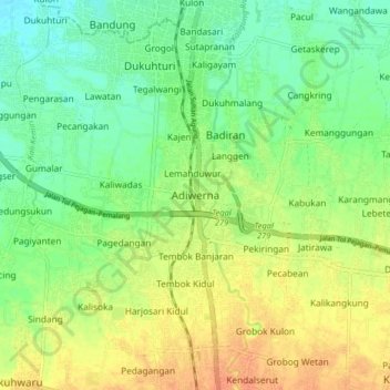 Mapa topográfico Adiwerna, altitude, relevo