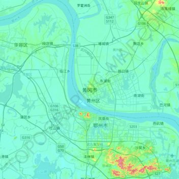 Mapa topográfico 黄冈市, altitude, relevo