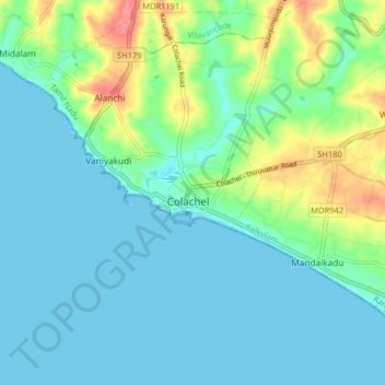 Mapa topográfico Colachel, altitude, relevo