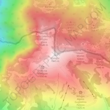 Mapa topográfico Matajur, altitude, relevo
