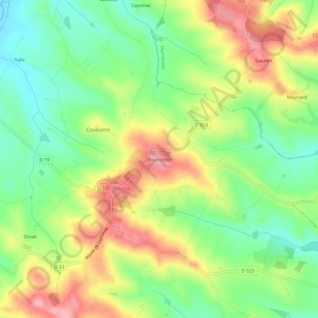 Mapa topográfico Bourdette, altitude, relevo