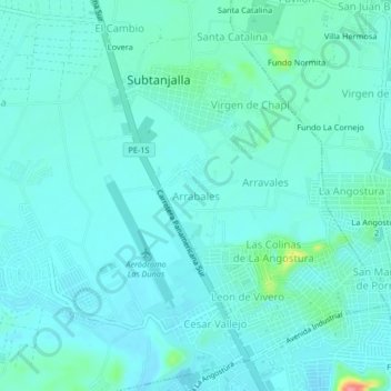 Mapa topográfico Arrabales, altitude, relevo
