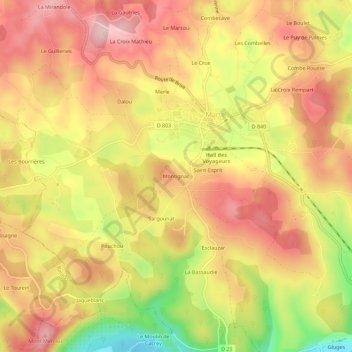 Mapa topográfico Montignac, altitude, relevo