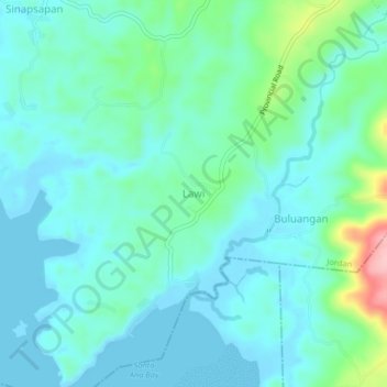 Mapa topográfico Lawi, altitude, relevo