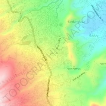 Mapa topográfico Cipanas, altitude, relevo
