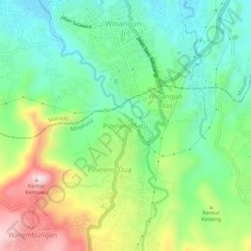 Mapa topográfico Pineleng Satu, altitude, relevo