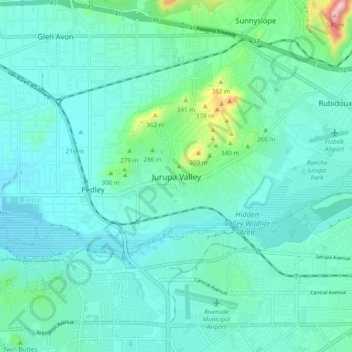 Mapa topográfico Jurupa Valley, altitude, relevo