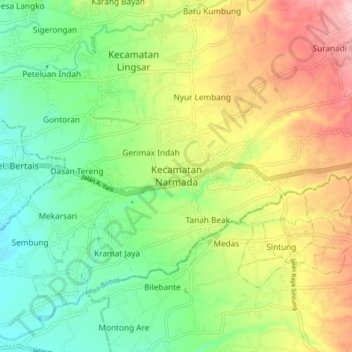 Mapa topográfico Kecamatan Narmada, altitude, relevo