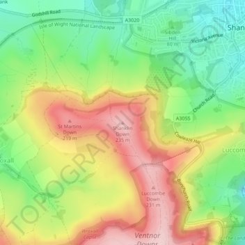 Mapa topográfico Shanklin Down, altitude, relevo