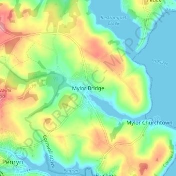 Mapa topográfico Mylor Bridge, altitude, relevo
